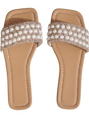 🆕 Women's Nude Pearl Rhinestone Slide Sandals Open Toe Flat Slippers Shoes
